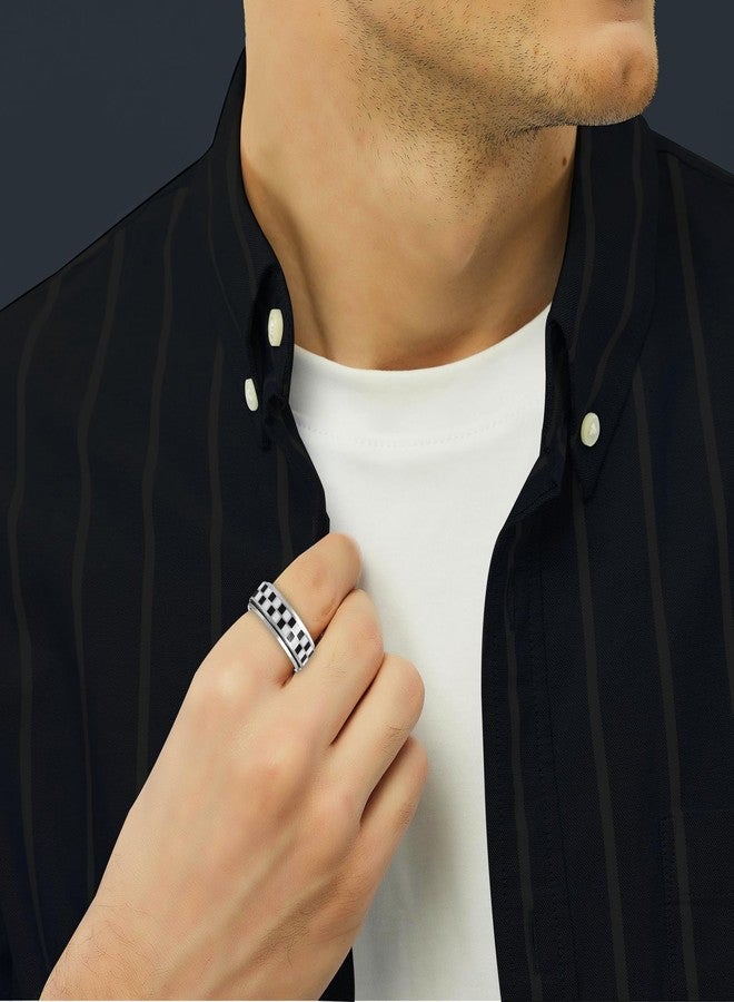 SYDNFZY Checkerboard Fidget Ring for Men - 8mm Black and White Checkered Anxiety Spinner Jewelry for Adults, Stainless Steel Roating Ring for Stress Relief, Modern Jewelry Gift for Men Women (Silver, 10) - Image 2